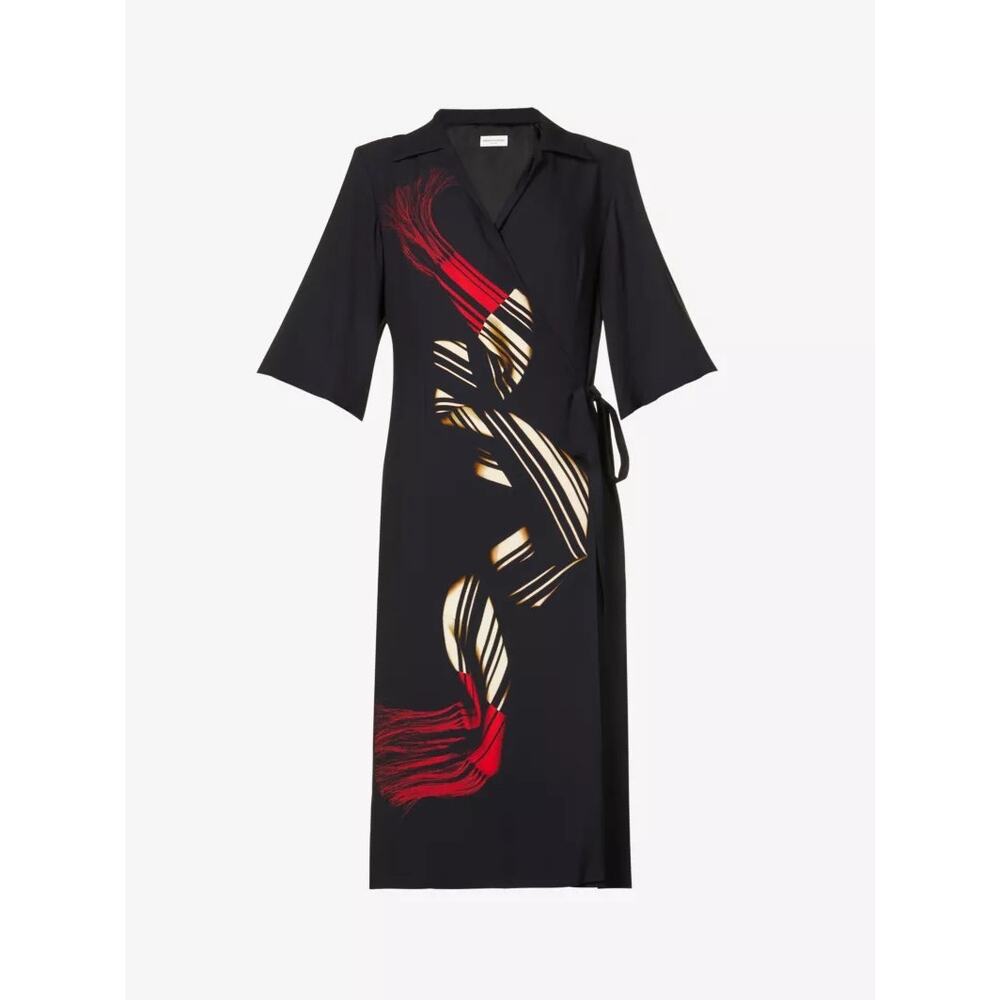 Dries Van Noten Black Midi Wrap Dress with Red and Gold Brushstroke Print